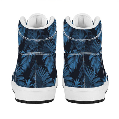 Dark Blue Tropical Leaf Pattern Print High Top Leather Sneakers