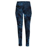 Dark Blue Tropical Leaf Pattern Print High-Waisted Pocket Leggings