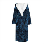 Dark Blue Tropical Leaf Pattern Print Hooded Bathrobe