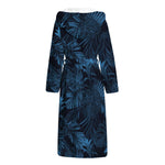 Dark Blue Tropical Leaf Pattern Print Hooded Bathrobe