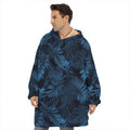 Dark Blue Tropical Leaf Pattern Print Hoodie Blanket