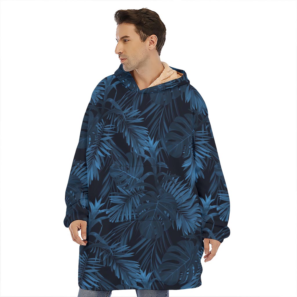 Dark Blue Tropical Leaf Pattern Print Hoodie Blanket