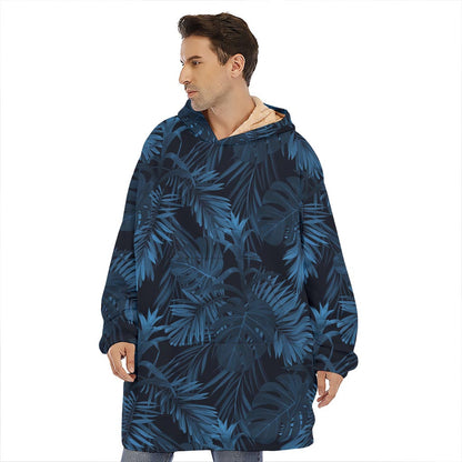 Dark Blue Tropical Leaf Pattern Print Hoodie Blanket