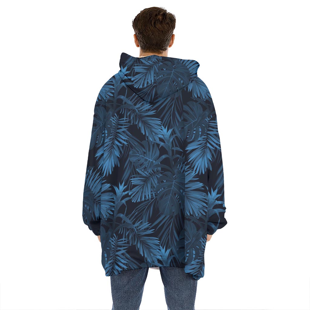 Dark Blue Tropical Leaf Pattern Print Hoodie Blanket