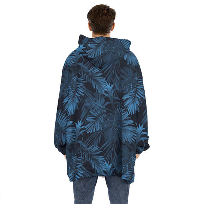 Dark Blue Tropical Leaf Pattern Print Hoodie Blanket