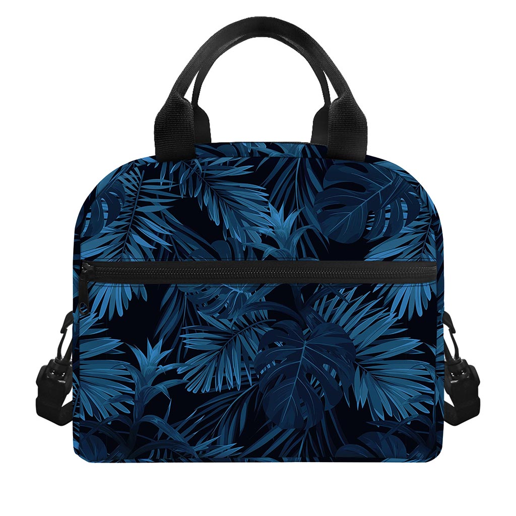 Dark Blue Tropical Leaf Pattern Print Insulated Lunch Bag