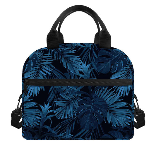 Dark Blue Tropical Leaf Pattern Print Insulated Lunch Bag