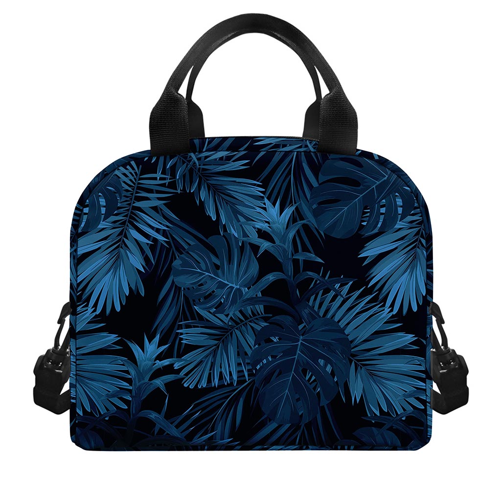 Dark Blue Tropical Leaf Pattern Print Insulated Lunch Bag