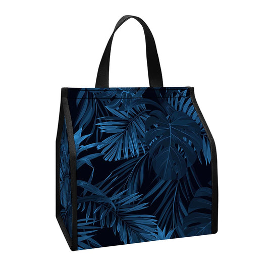 Dark Blue Tropical Leaf Pattern Print Insulated Lunch Tote