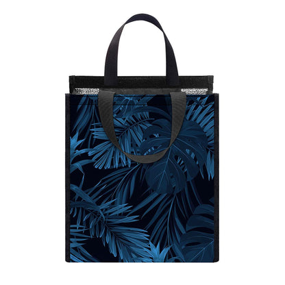 Dark Blue Tropical Leaf Pattern Print Insulated Lunch Tote