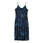 Dark Blue Tropical Leaf Pattern Print Jersey Midi Cami Dress