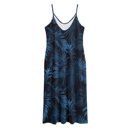 Dark Blue Tropical Leaf Pattern Print Jersey Midi Cami Dress