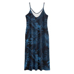 Dark Blue Tropical Leaf Pattern Print Jersey Midi Cami Dress