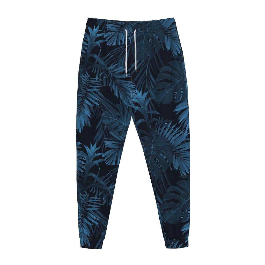 Dark Blue Tropical Leaf Pattern Print Jogger Pants