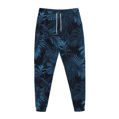 Dark Blue Tropical Leaf Pattern Print Jogger Pants