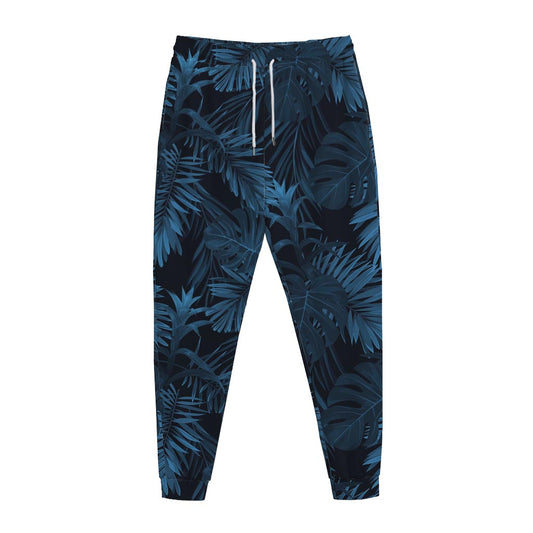 Dark Blue Tropical Leaf Pattern Print Jogger Pants