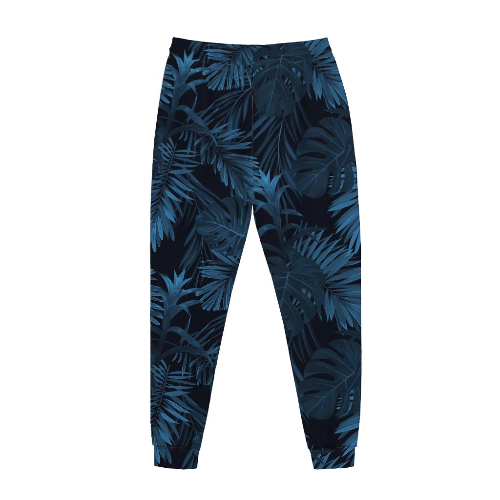 Dark Blue Tropical Leaf Pattern Print Jogger Pants