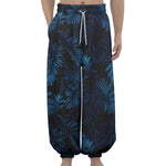 Dark Blue Tropical Leaf Pattern Print Lantern Pants