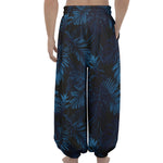 Dark Blue Tropical Leaf Pattern Print Lantern Pants