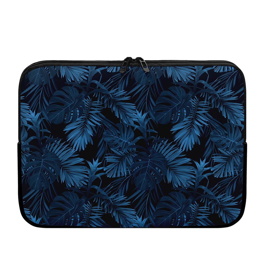 Dark Blue Tropical Leaf Pattern Print Laptop Sleeve