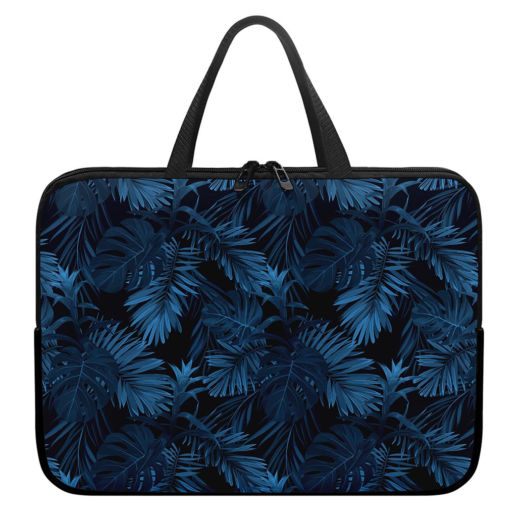 Dark Blue Tropical Leaf Pattern Print Laptop Sleeve With Handle