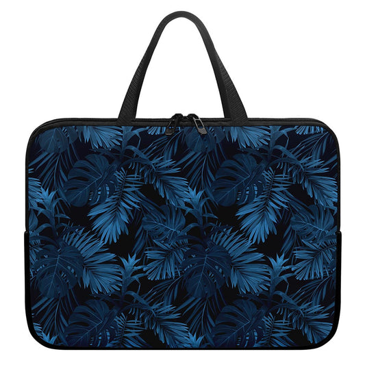 Dark Blue Tropical Leaf Pattern Print Laptop Sleeve With Handle