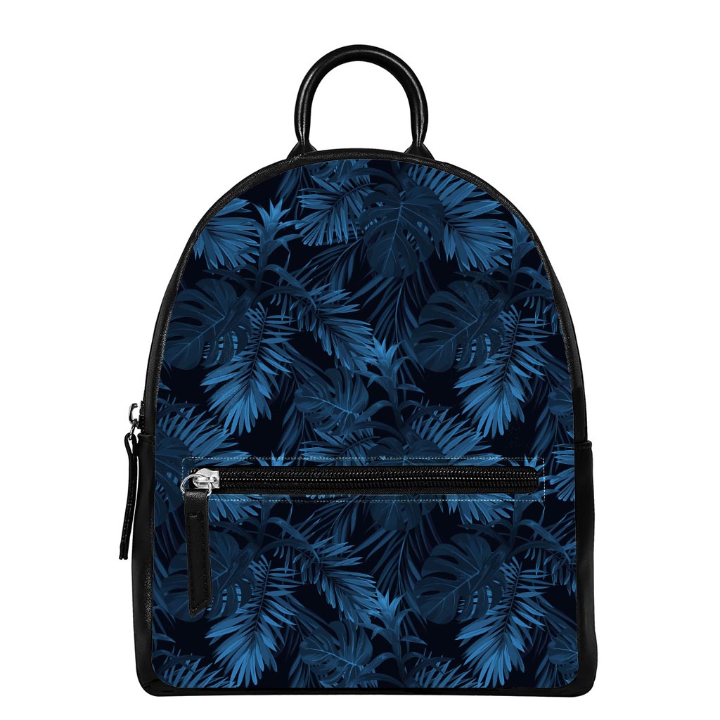 Dark Blue Tropical Leaf Pattern Print Leather Backpack