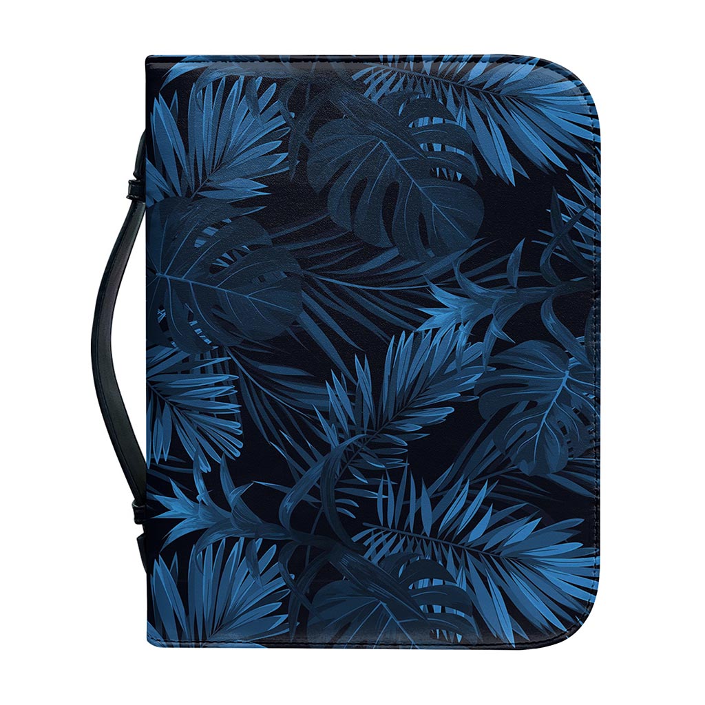 Dark Blue Tropical Leaf Pattern Print Leather Bible Cover