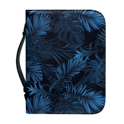 Dark Blue Tropical Leaf Pattern Print Leather Bible Cover