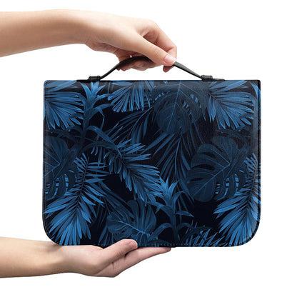 Dark Blue Tropical Leaf Pattern Print Leather Bible Cover