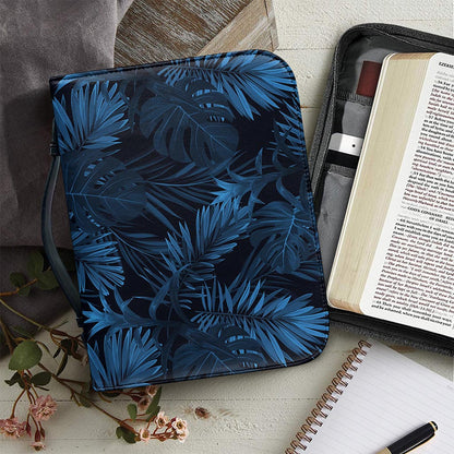 Dark Blue Tropical Leaf Pattern Print Leather Bible Cover