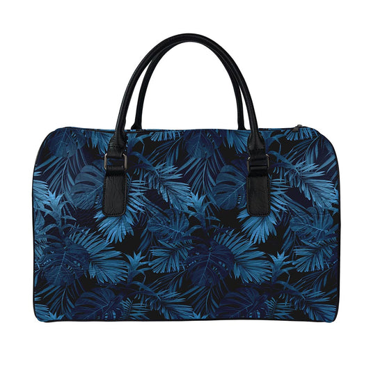 Dark Blue Tropical Leaf Pattern Print Leather Duffle Bag