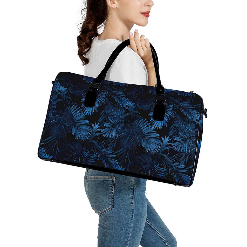 Dark Blue Tropical Leaf Pattern Print Leather Duffle Bag