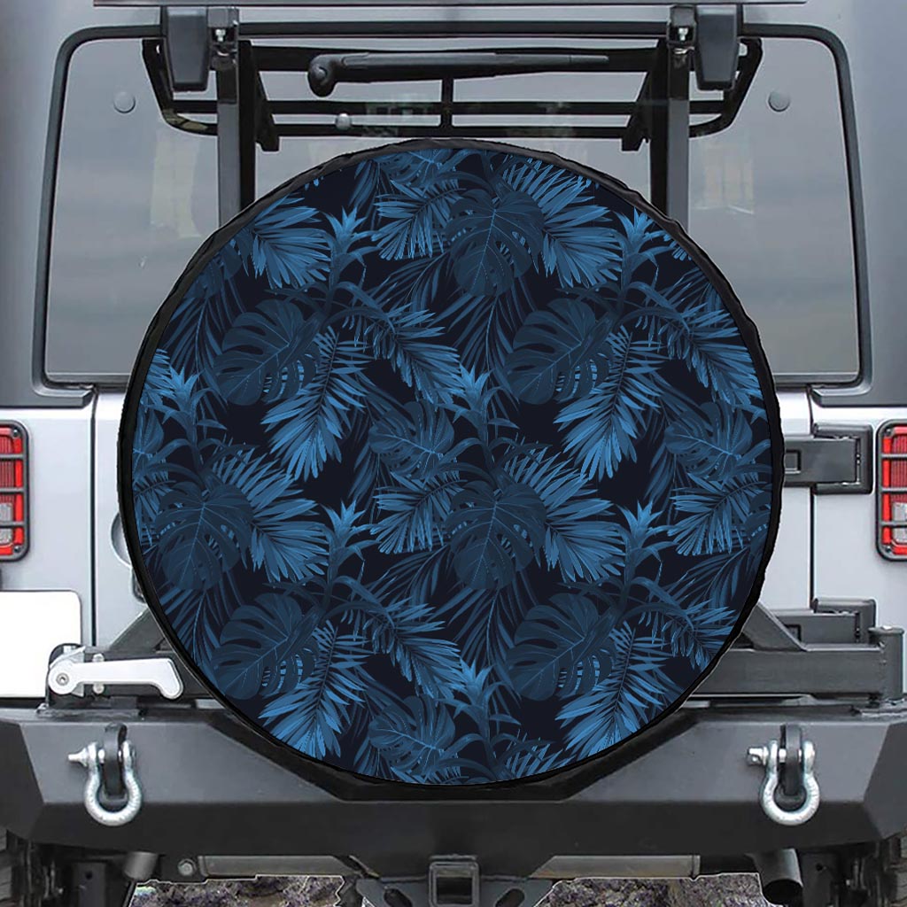 Dark Blue Tropical Leaf Pattern Print Leather Spare Tire Cover