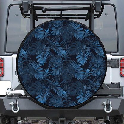 Dark Blue Tropical Leaf Pattern Print Leather Spare Tire Cover