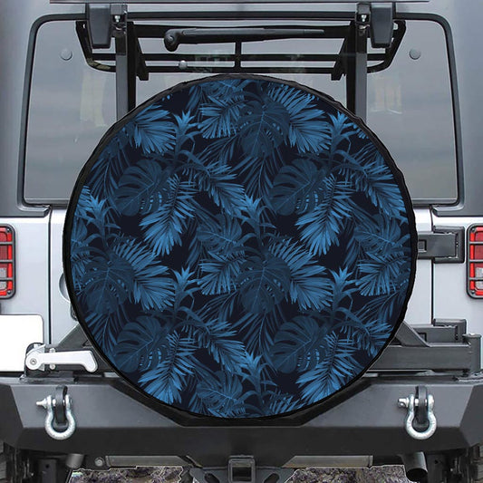 Dark Blue Tropical Leaf Pattern Print Leather Spare Tire Cover