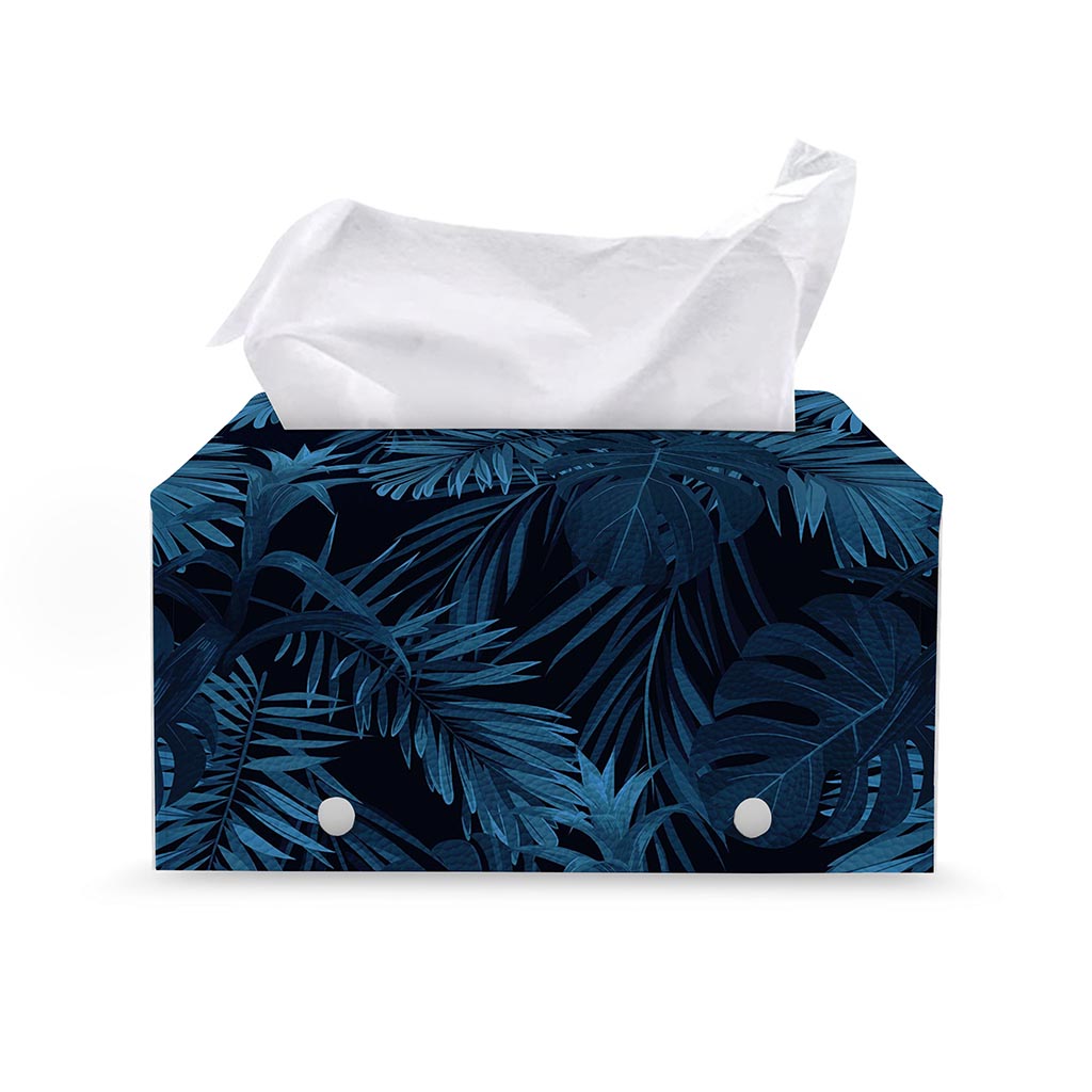 Dark Blue Tropical Leaf Pattern Print Leather Tissue Box Cover