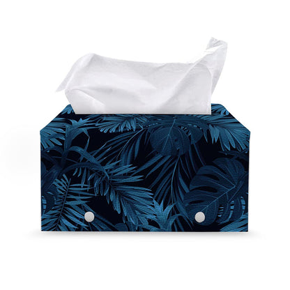 Dark Blue Tropical Leaf Pattern Print Leather Tissue Box Cover