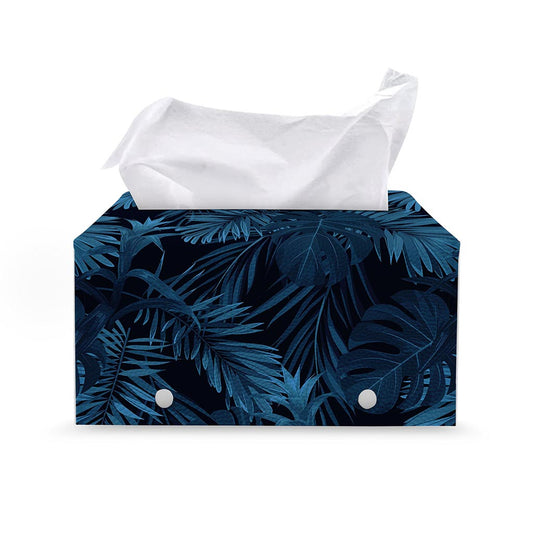 Dark Blue Tropical Leaf Pattern Print Leather Tissue Box Cover