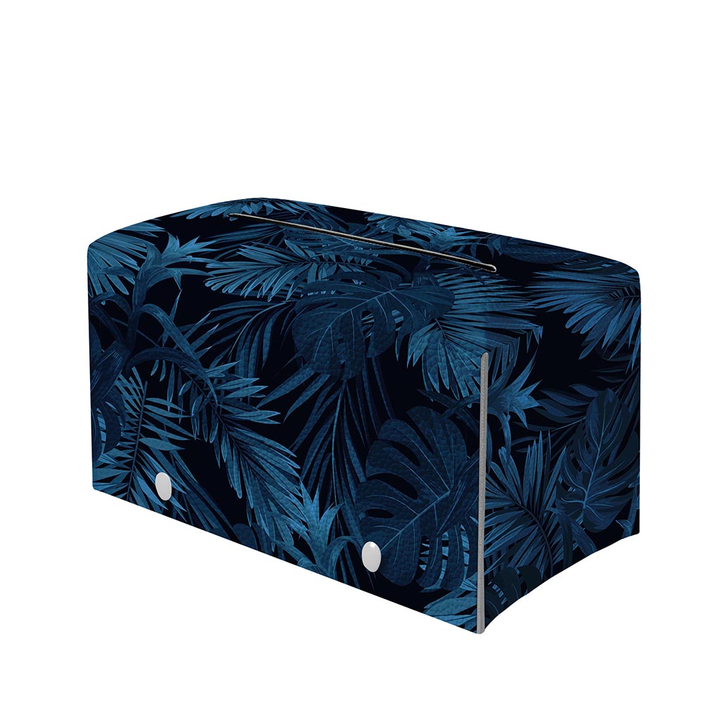 Dark Blue Tropical Leaf Pattern Print Leather Tissue Box Cover