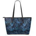 Dark Blue Tropical Leaf Pattern Print Leather Tote Bag With Zipper