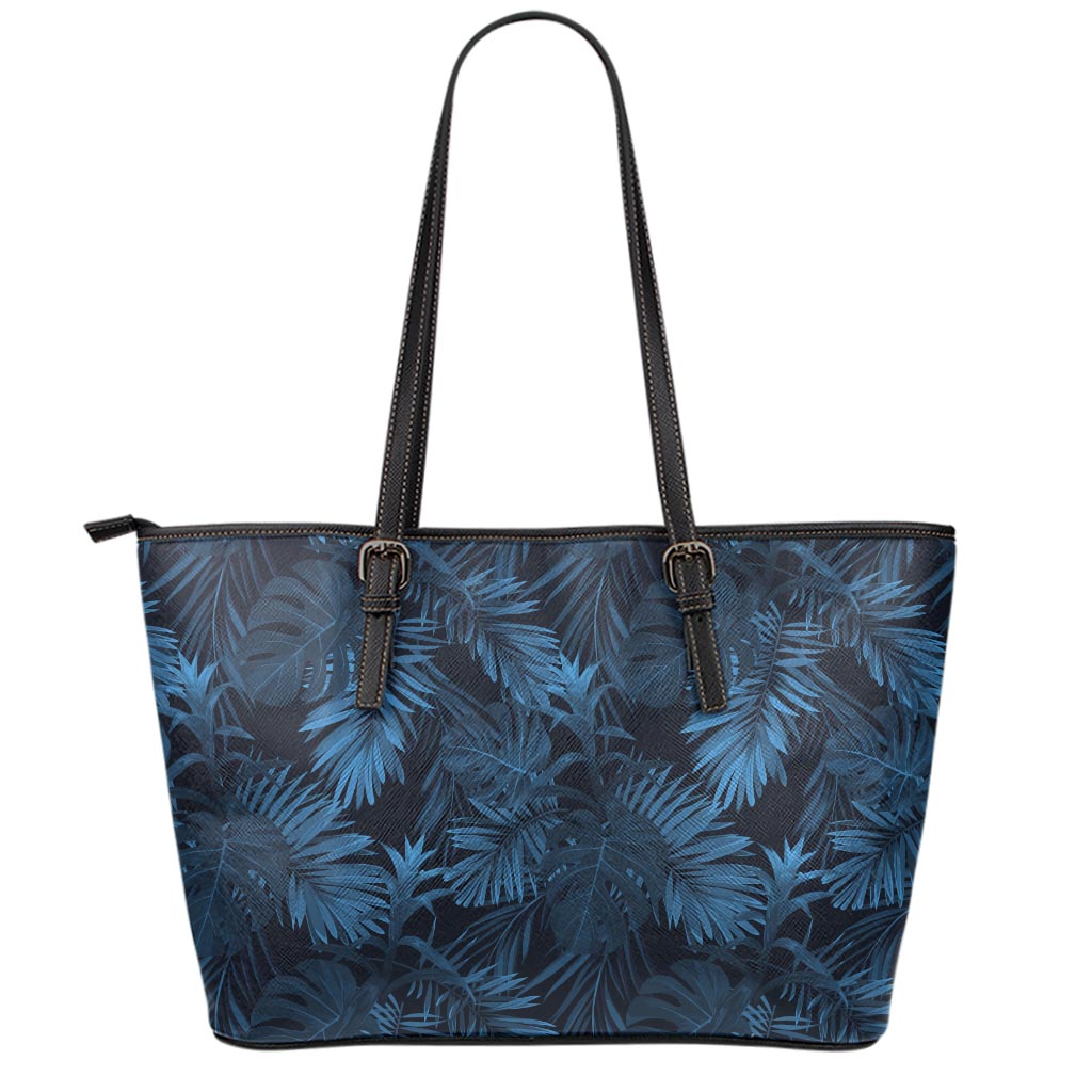 Dark Blue Tropical Leaf Pattern Print Leather Tote Bag