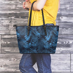 Dark Blue Tropical Leaf Pattern Print Leather Tote Bag