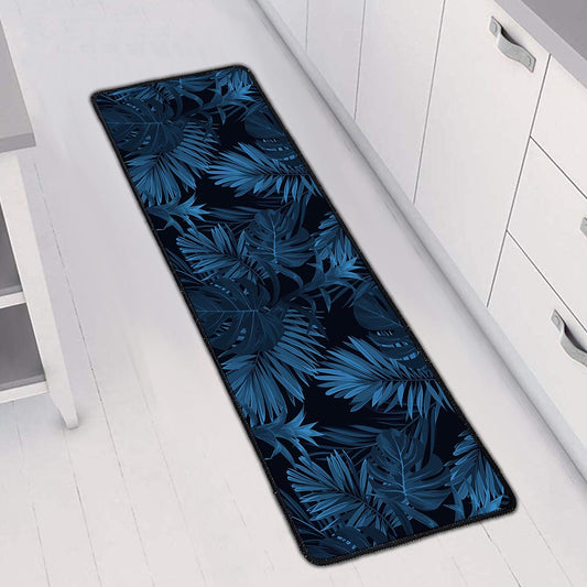 Dark Blue Tropical Leaf Pattern Print Long Kitchen Mat