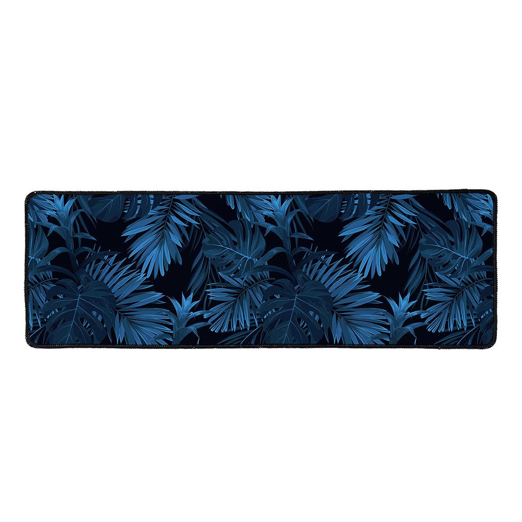 Dark Blue Tropical Leaf Pattern Print Long Kitchen Mat