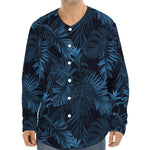 Dark Blue Tropical Leaf Pattern Print Long Sleeve Baseball Jersey