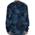 Dark Blue Tropical Leaf Pattern Print Long Sleeve Baseball Jersey