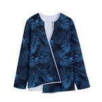 Dark Blue Tropical Leaf Pattern Print Long Sleeve Short Coat