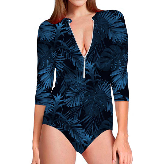 Dark Blue Tropical Leaf Pattern Print Long Sleeve Swimsuit