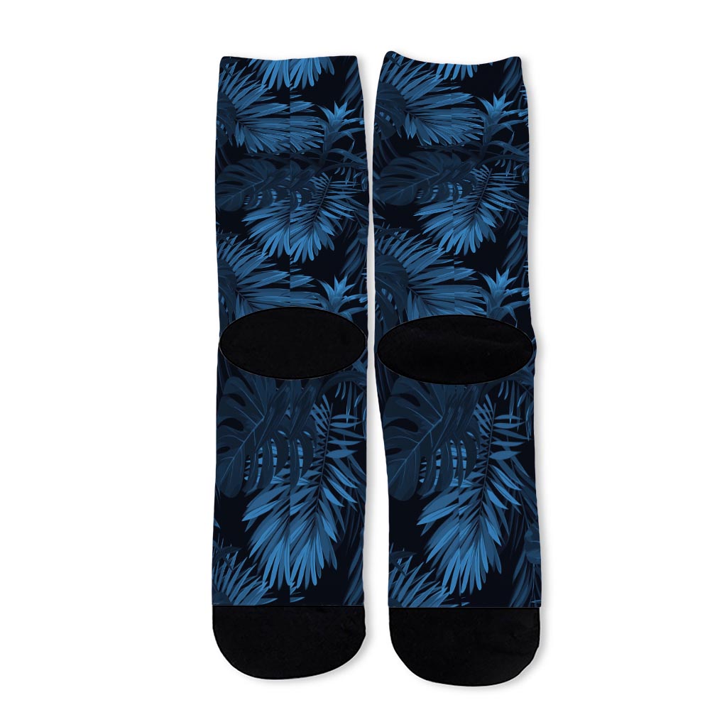 Dark Blue Tropical Leaf Pattern Print Long Socks